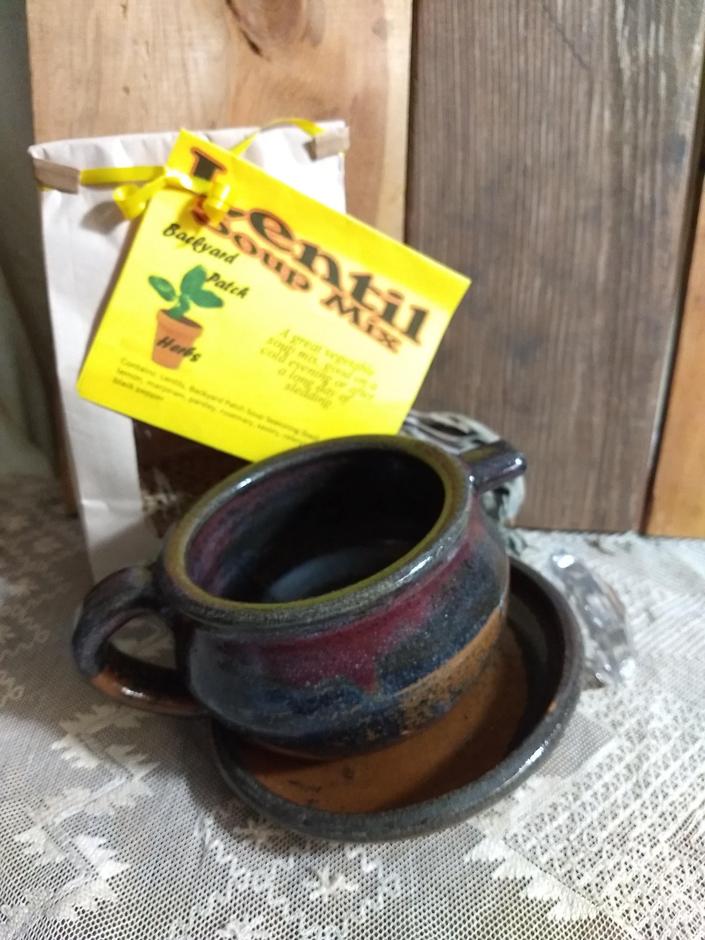 Handmade Tenmoku Pottery Bowl with Lentil Soup Mix | Gourmet dry soup mix | organic | Backyard Patch Herbs