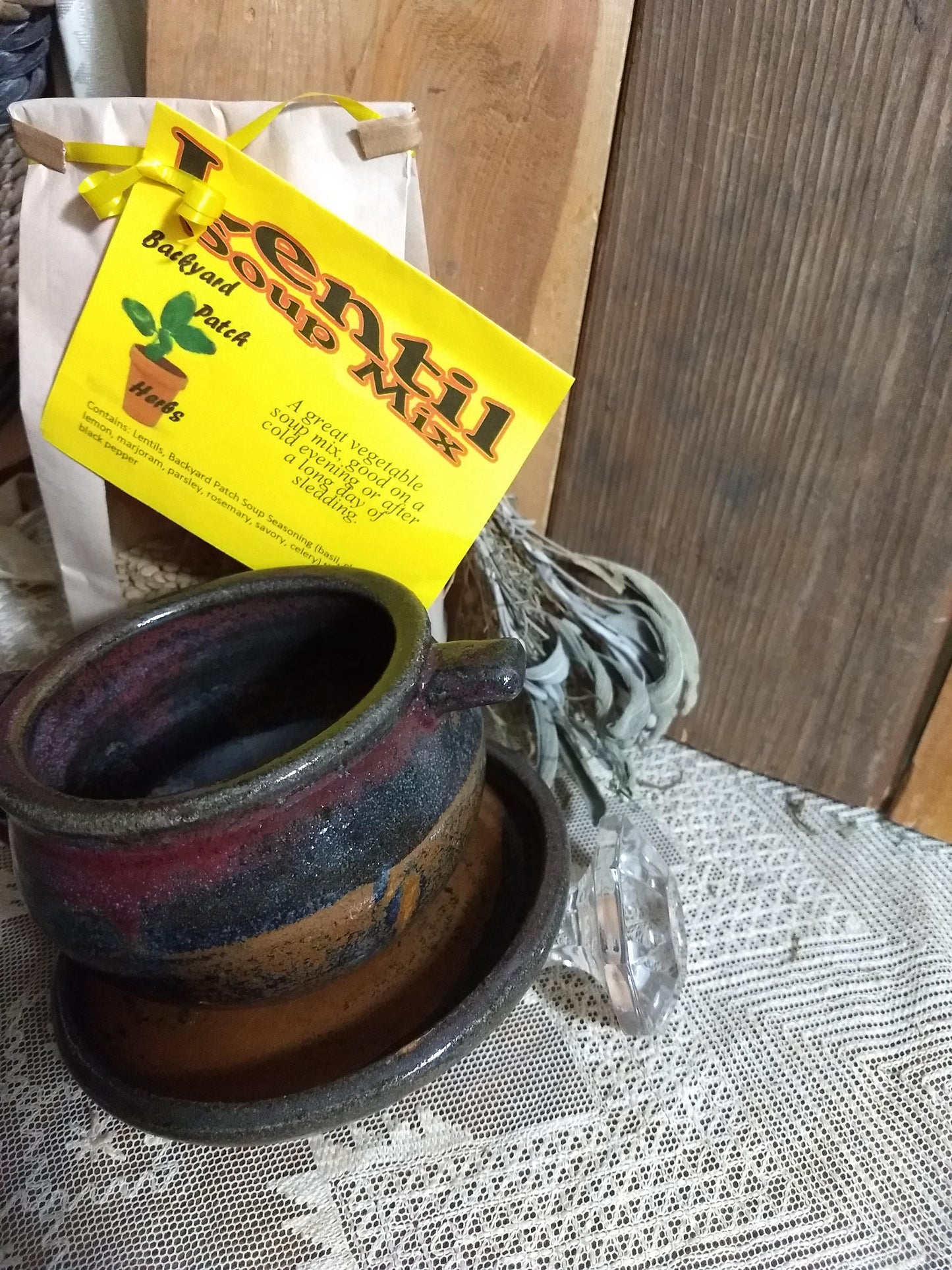 Handmade Tenmoku Pottery Bowl with Lentil Soup Mix | Gourmet dry soup mix | organic | Backyard Patch Herbs