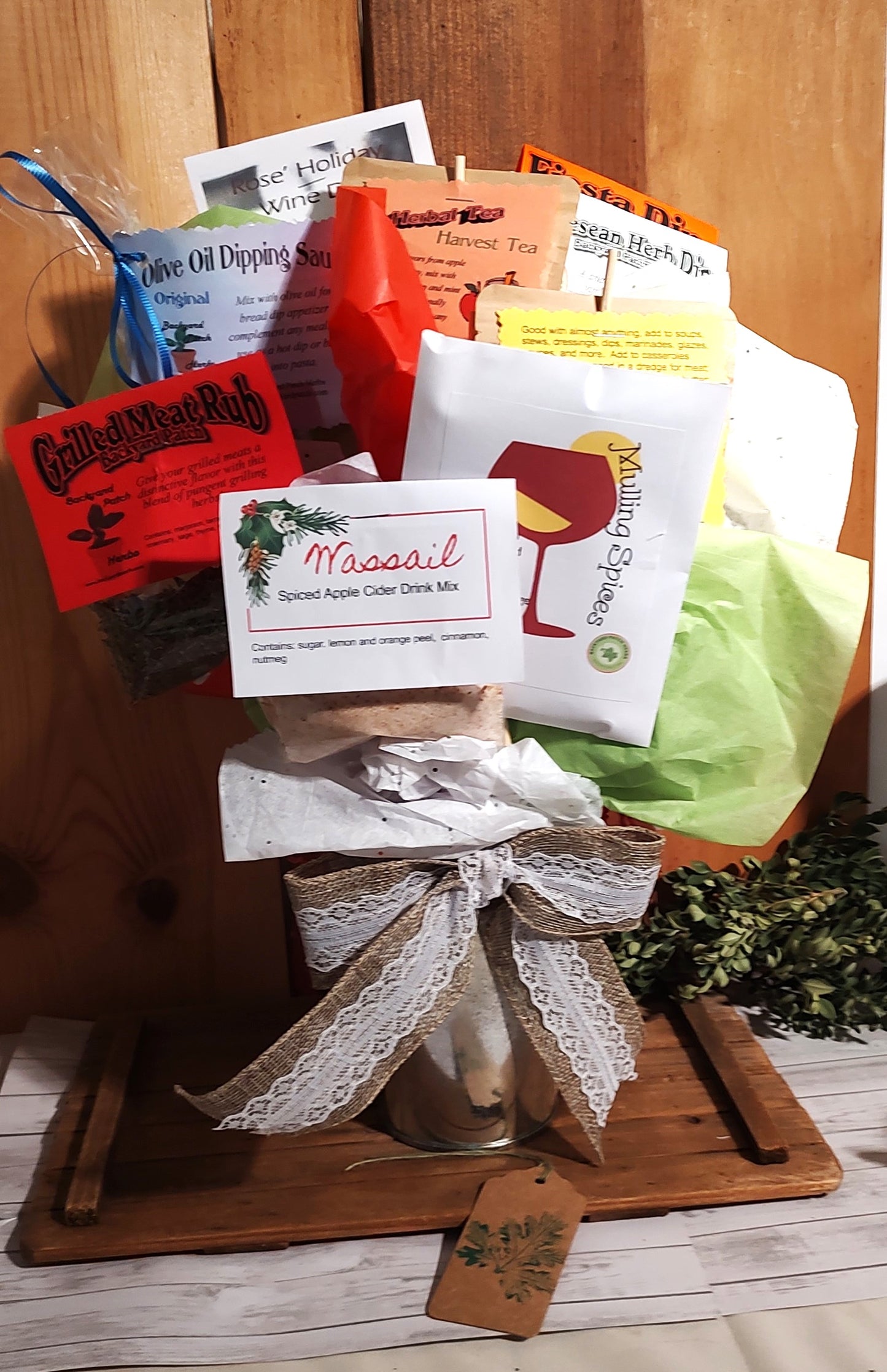 Herb Bouquet Gift Basket, selection of herb mixes, seasonings, teas and seasonal items