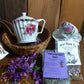 Rose Teapot and Cup Gift Basket, Rose-decorated ceramic teapot, scones, shortbread, herbal tea, infuser, gift set, basket tray