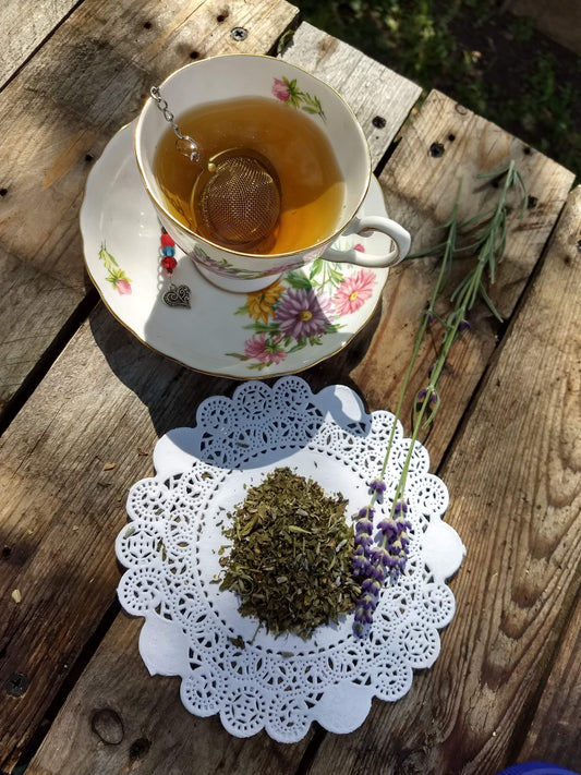 Shakespeare Loose Herbal Tea, mint, marjoram, savory, lavender, no caffeine, hand blended, Winter's Tale Tea