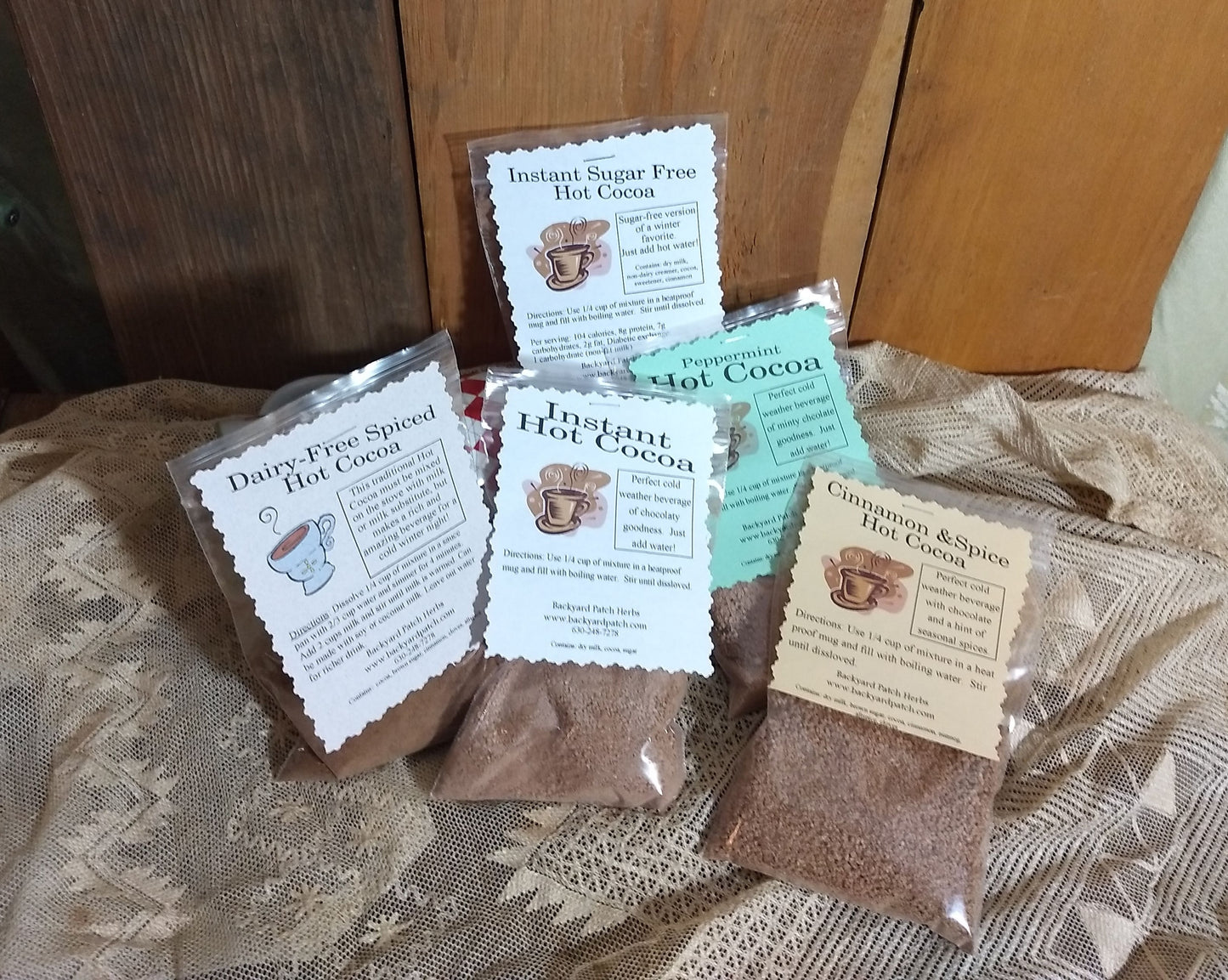 Herbal Hot Chocolate - Cocoa Mixes, set of 5, with cinnamon, spices, cocoa, milk