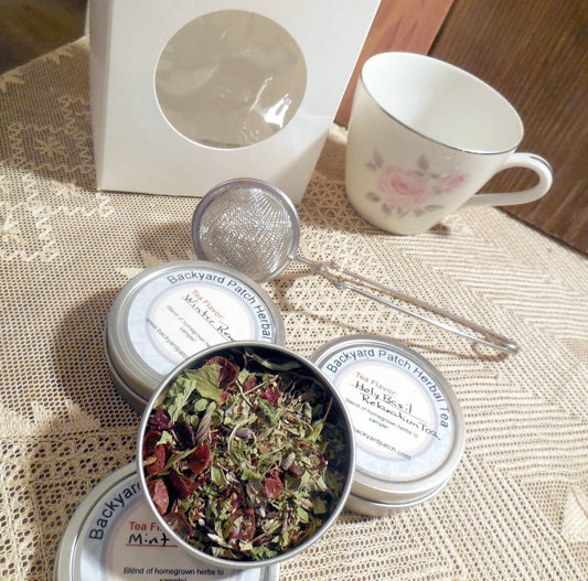 Tea Gift Set, Demi Tea cup with three tea tins, no saucer, herb teas, infuser, decorative ceramic tea cup