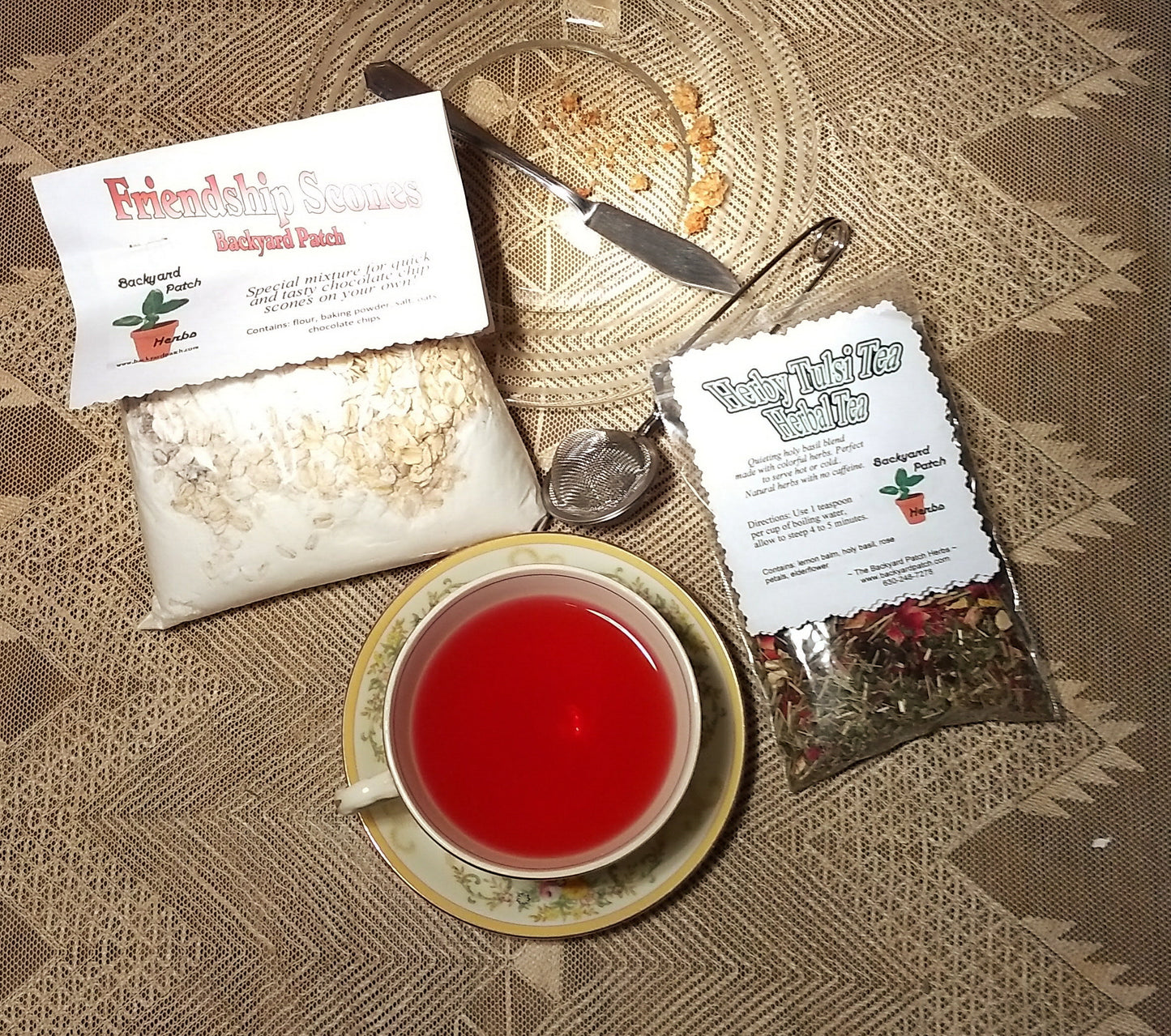 Scone and Tea Gift Package, Chocolate Chip Friendship Scone Dry Mix and Holiday Tulsi Herb Tea, gift set, gift basket