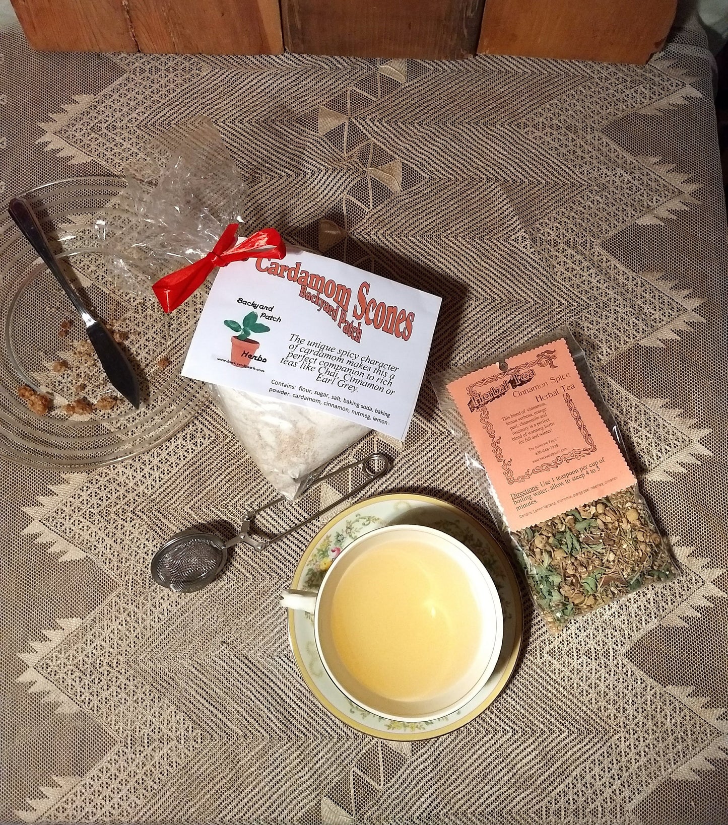 Scone and Tea Gift Package, Cardamom Scones and Cinnamon Spice Herb Tea, Caffeine-Free