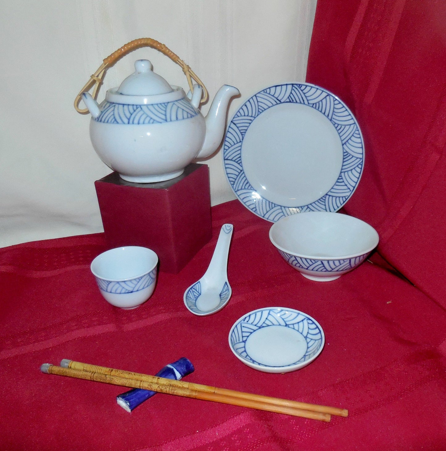 Vintage Teapot, Blue Japanese Tea Pot Gift Basket, ceramic, plates, soup bowls, soup spoons, chopsticks & rest, gift set