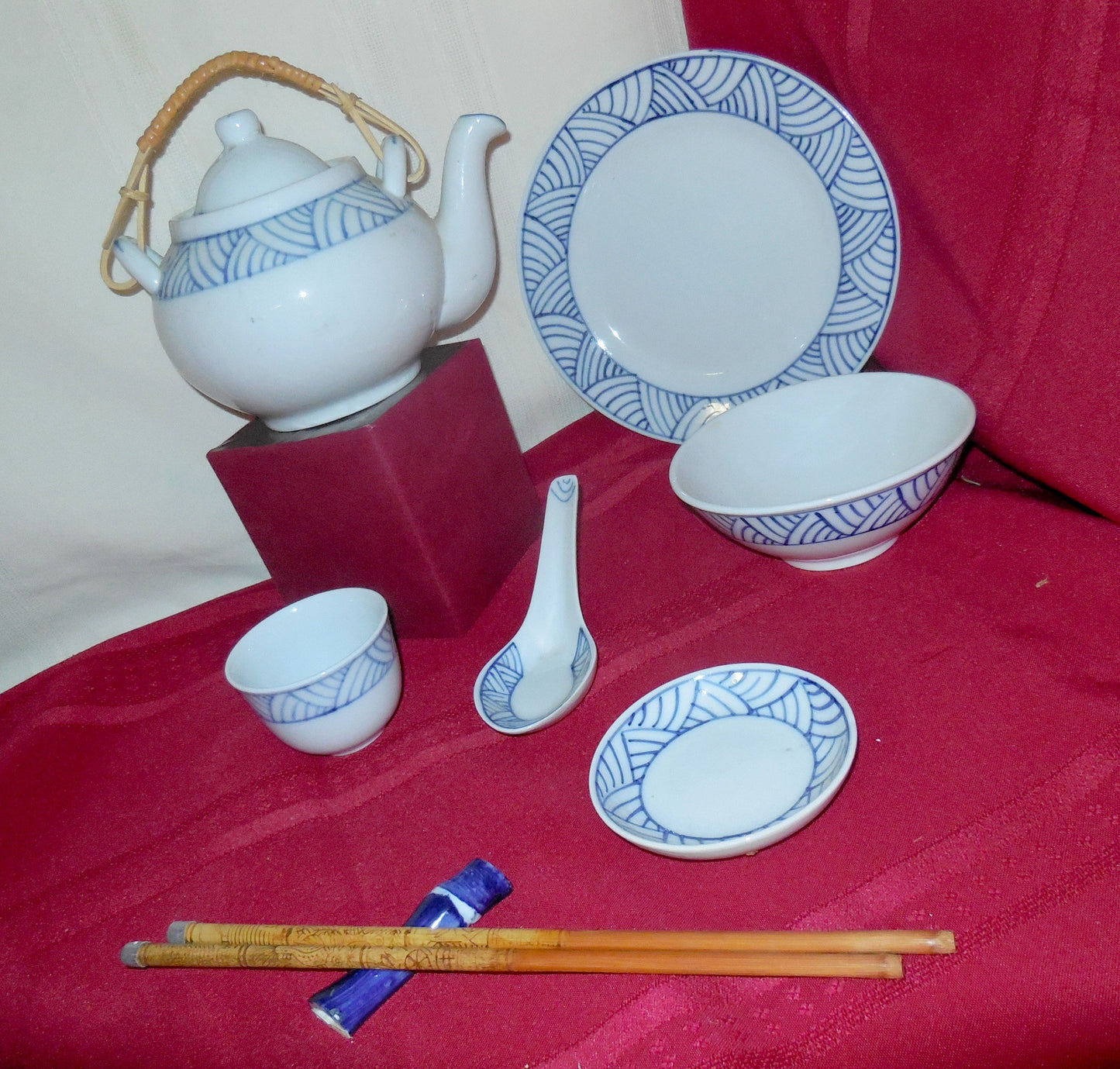 Vintage Teapot, Blue Japanese Tea Pot Gift Basket, ceramic, plates, soup bowls, soup spoons, chopsticks & rest, gift set