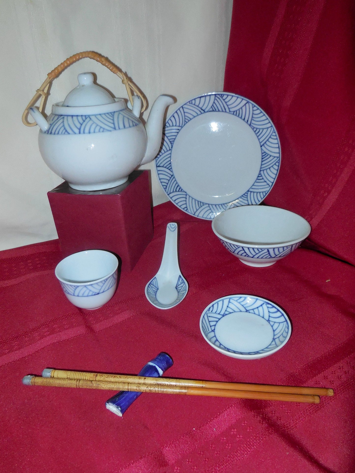 Vintage Teapot, Blue Japanese Tea Pot Gift Basket, ceramic, plates, soup bowls, soup spoons, chopsticks & rest, gift set