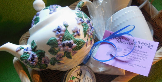 Teapot Borage Patterned Tea Pot Gift Basket with Ceramic Mug, Ta and Shortbread mix, Backyard Patch Herbs