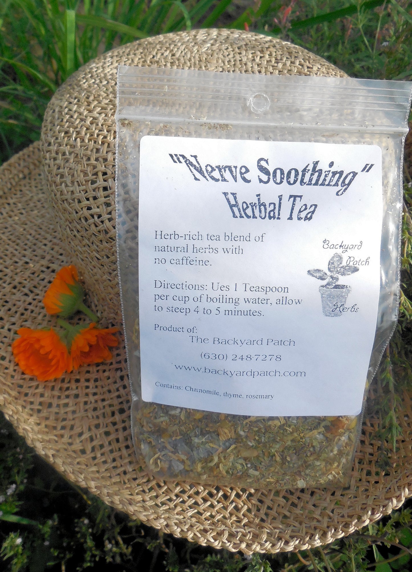 Nerve Soothing Loose Herbal Tea, chamomile, thyme, marjoram, sage, Backyard Patch